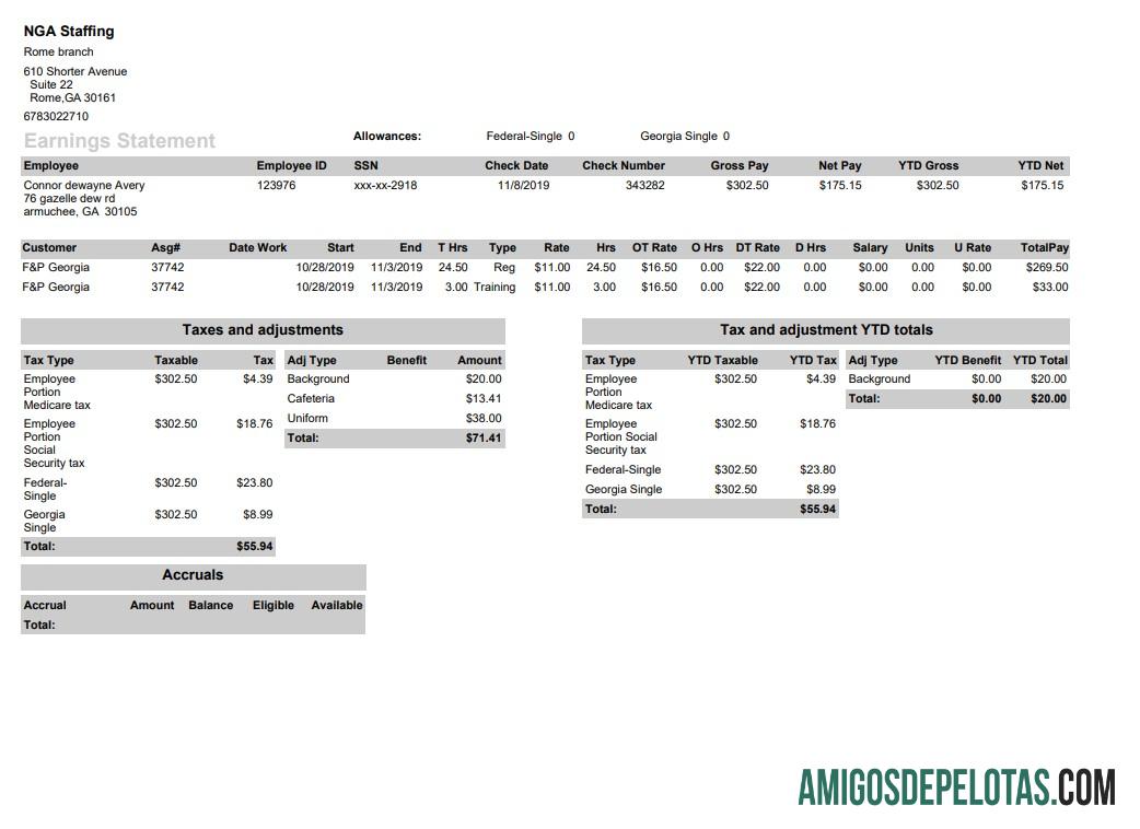 Recibo de pagamento de pessoal da NGA em formato PDF e Word exemplo real